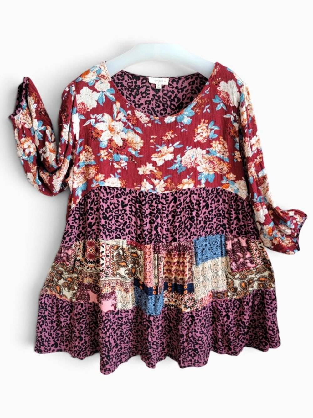 Umgee XL Boho Patchwork Floral Leopard Paisley Tiered Tunic Top 100% Rayon